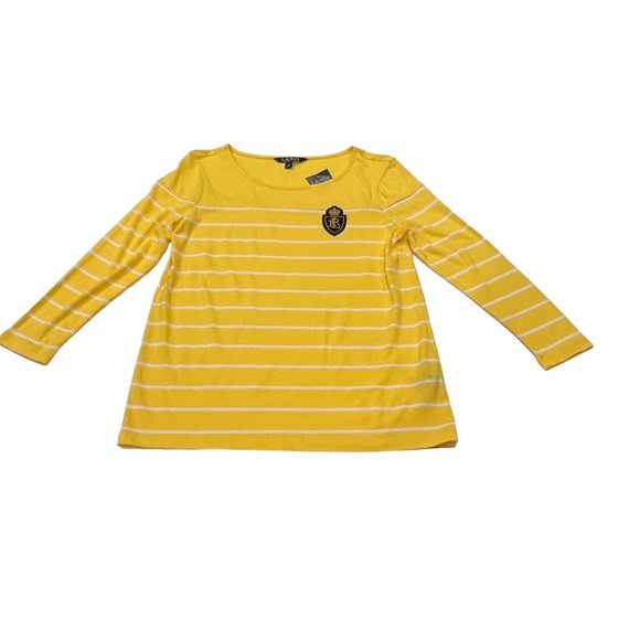 Ralph Lauren Women's Stripe Crew Crest Patch 3/4 Sleeve, NWT, Yellow White, S - Picture 1 of 7